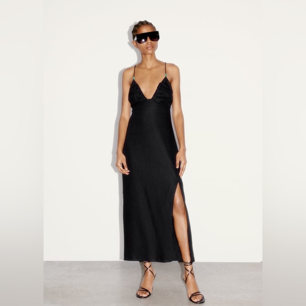Zara Linen Blend Strappy Criss Cross Dress with Slit